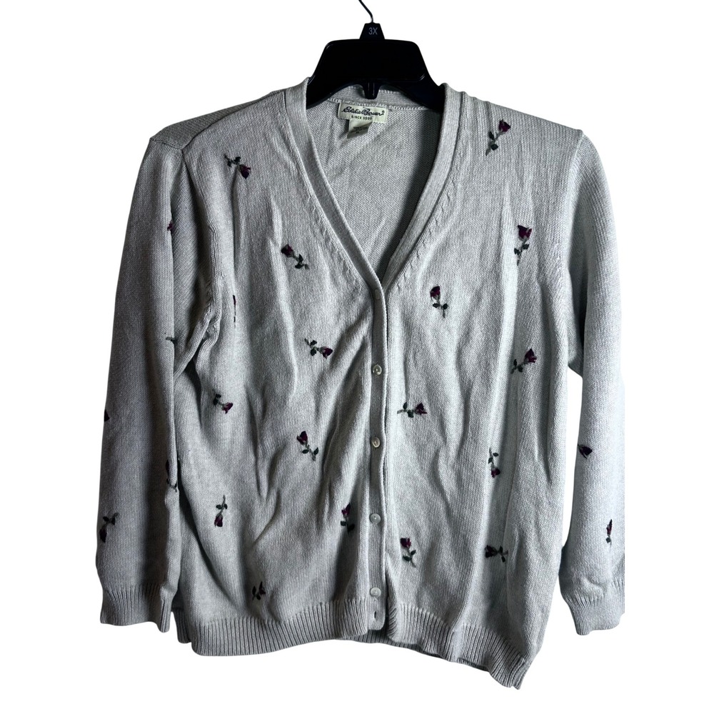 Eddie Bauer Cardigan XL Beige Embroidered Floral Rose Cotton Sweater Womens